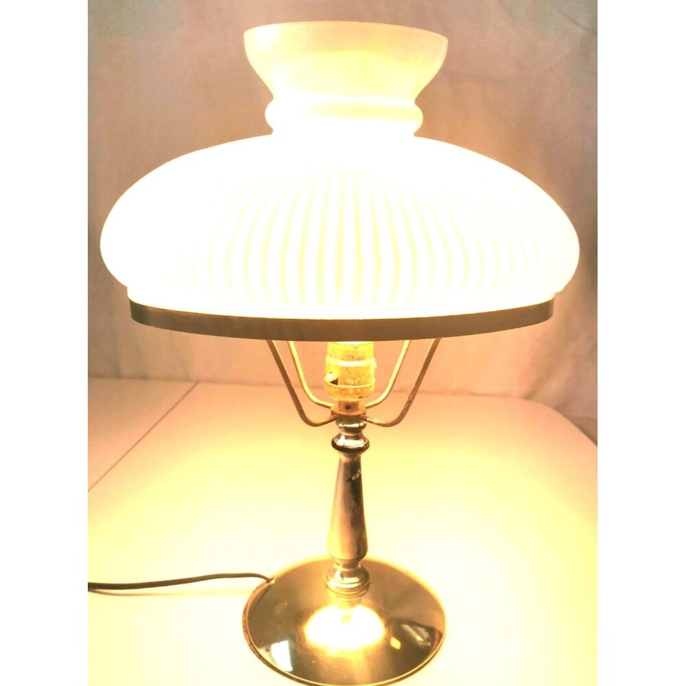 Table Lamp Beautiful Milk Glass Ribbed Shade  Brass Base Vintage Rare Italy